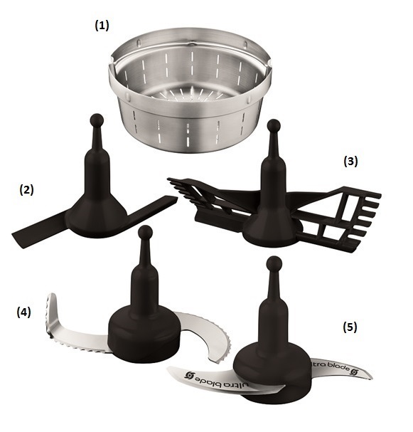 accessories of the Prep&Cook: steaming basket, mixer, beater, kneading/crushing knife, ultrablade cutting knife, flat base