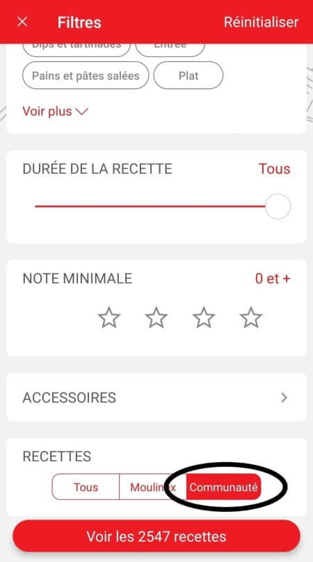 recipe filters page in the Prep&Cook app