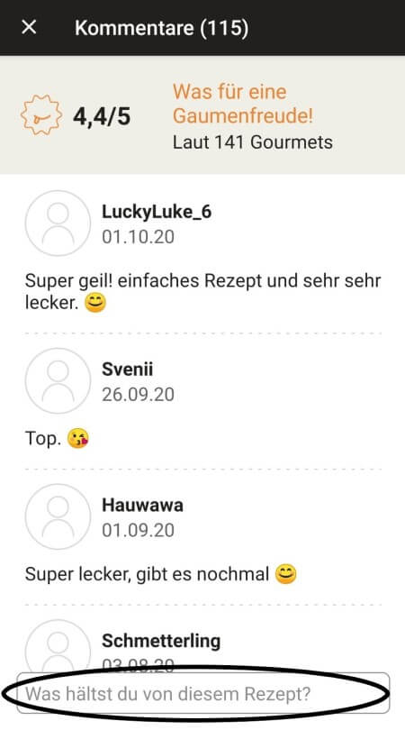 highlighting rating feature from comments page in the Prep&Cook app
